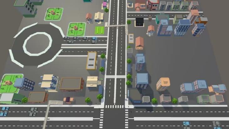 Unity simulation of the Na Luang junction with roads, a roundabout, buildings and cars