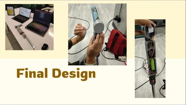Smart Walking Stick prototype: the stick with its sensor handle, wiring and the laptop dashboard