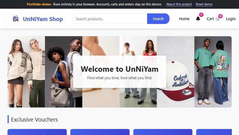 UnNiYam Shop home page with a fashion photo collage, search bar and vouchers